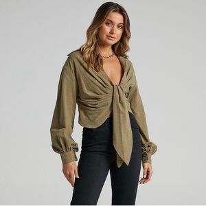 Showpo Hanes Longsleeve Drape Shirt in Khaki